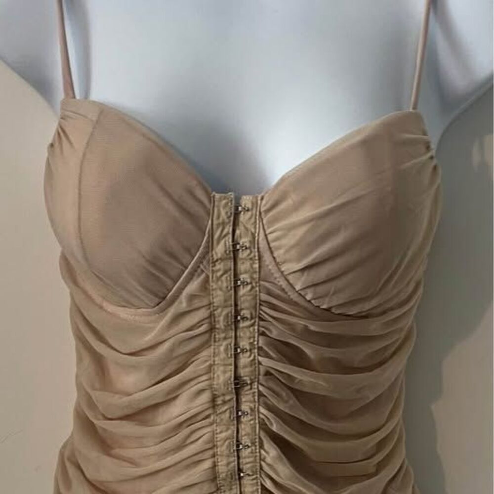 Moa Moa Ruched Mesh Bustier Corset Top Beige Tan Hook & Eye Y2K Fairycore XL - Picture 3 of 10